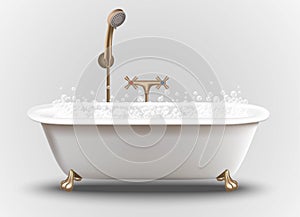 Realistic vector bathtub with soap bubbles ans shampoo foam