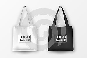 Realistic vector black and white empty textile tote bag icon set.
