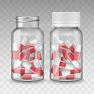 Realistic vector Blank Medicine opened and closed medical plastic bottle with red tablets pills, tablets, drug of