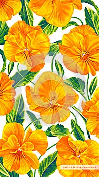 Realistic, vector botanical background with yellow pansies flowers, hand-drawn viola vertical background.