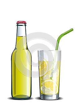 Realistic vector bottle of lemonade and a drink in a glass
