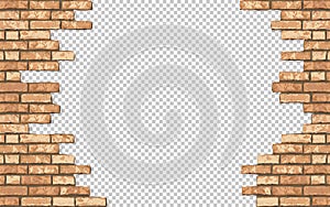 Realistic Vector broken brick wall horizontal transparent background. Hole in flat bown wall texture. Yellow textured brickwork