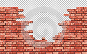 Realistic Vector broken old brick wall horizontal transparent background. Hole in flat red wall texture. Ancient stone