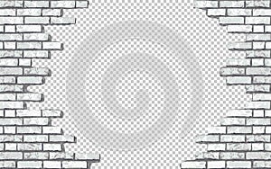 Realistic Vector broken white brick wall with transparent background. Hole in flat gray stone wall texture. Grey