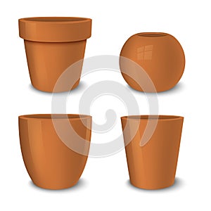 Realistic vector brown empty flower pot set. Closeup isolated on white background. Design template for branding, mockup