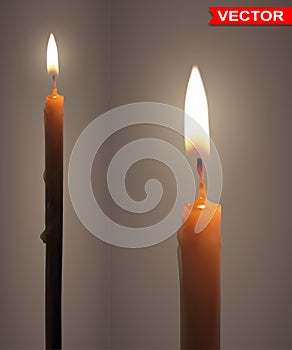 Realistic vector burning wax candles with flame