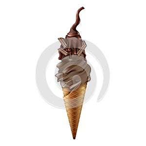 Realistic vector chocolate collection of ice cream in cone. Isolated on white background