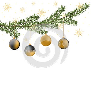 Realistic vector Christmas tree branch, balls, gold snowflakes a