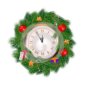 Realistic Vector Christmas Wreath and Gold Clock Isolated