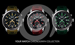 Realistic vector collection of clock watch chronograph grey steel black dashboard face white number text yellow red green design