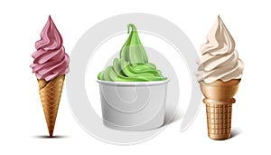 Realistic vector collection of soft serve frozen yogurt or ice cream in waffle cone, cup or paper bowl in berry, matcha or vanilla