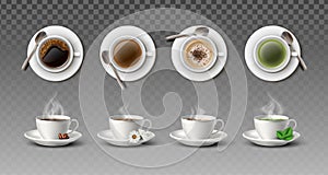 Realistic vector collection of white coffee cups with spoons in side and top view- cappuccino, americano, black tea and green tea