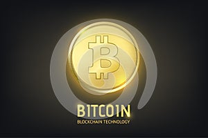 Realistic vector crypto currency golden coin - Bitcoin. Blockchain technology. Closeup on dark background