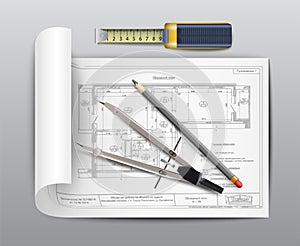 Realistic vector design project icon with paper roll, measuring tool, pencil and ruler