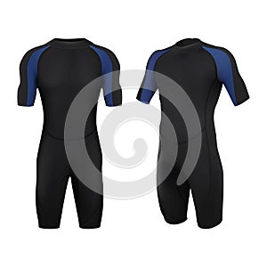 Realistic vector dive costume in black and blue. Swim suit for man. Isolated of white background
