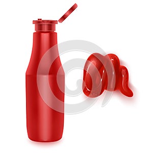 Realistic vector elements tomato sauce, splash of tomato juice, ketchup bottle, squeezed out sauce on white background Vector EPS
