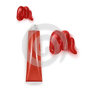 Realistic vector elements tomato sauce, splash of tomato juice, ketchup bottle, squeezed out sauce on white background Vector EPS