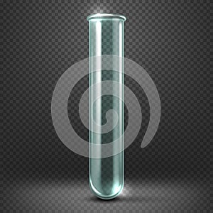 Realistic vector empty glass test tube template isolated on transparent checkered background.