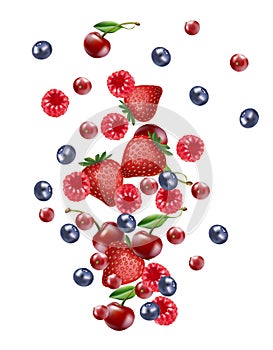 Realistic vector falling mix berry fruit banner, isolated on white blank background