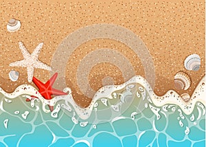 Realistic vector frame of azure foamy wave , starfish and shells.Realistic vector background of a sandy beach with azure foamy wa