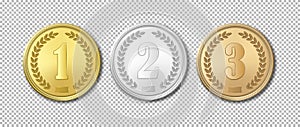 Realistic vector gold, silver and bronze award medals icon set isolated on transparent background. Design templates. The
