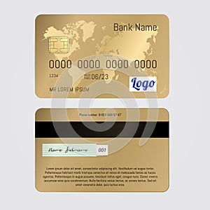 Realistic Vector Golden Banking card two sides isolated on white background. Credit card with world map