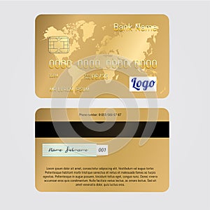 Realistic Vector Golden Banking card two sides isolated on white background. Credit card with world map