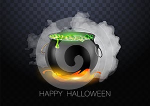Realistic vector Halloween black witch's cauldron with green brew with eyes. Happy face Halloween pumpkin and cauldron