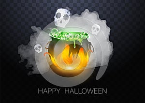 Realistic vector Halloween black witch's cauldron with green brew with eyes. Happy face Halloween pumpkin and cauldron