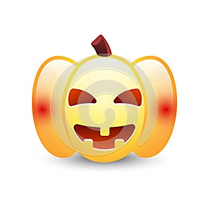 Realistic vector Halloween pumpkin with candle inside. Happy face Halloween pumpkin isolated on white background.