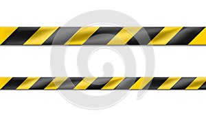Realistic vector hazard black and yellow striped ribbon, caution tape of warning signs for crime scene or construction area.