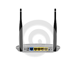 Realistic vector icon of the back side of a Wi-Fi router with two antennas and ports for connecting an Internet cable