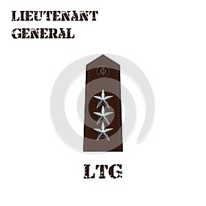 Realistic vector icon of the chevron of the Lieutenant general of the US Army. Description and abbreviated name