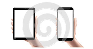 realistic vector icon. Hand holding a smatrphone. Isolated on white background. UI UX template.