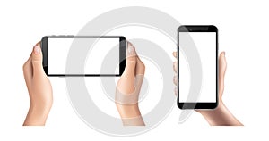 Realistic vector icon. Hand holding a smatrphone. Isolated on white background. UI UX template