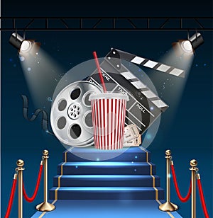 realistic vector icon illustration. Movie night concept background. With film roll, popcorn bucket and film clapping