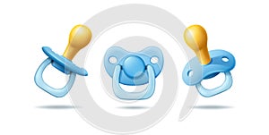 3d realistic vector icon illustration set. Blue baby boy pacifier in front side view. Isolated.
