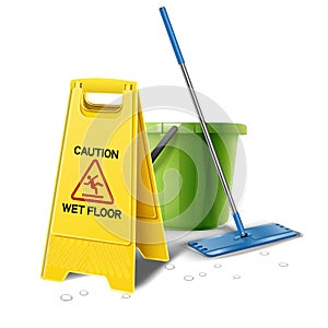 Realistic vector icon illustration of wet floor caution yellow sign with bucket of water and mop