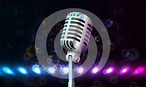 realistic vector icon of microphone with colorful sound waves on the background