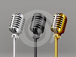 realistic vector icon. Set of music microphones, vintage old style in silver, black and gold. Isolated on white