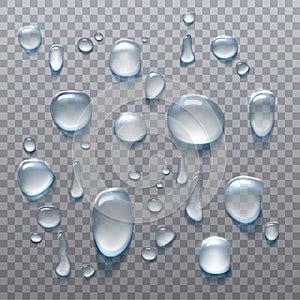 Realistic vector icon set. Water drops. Rain drops in different sizes and shapes on transparent background