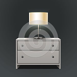 realistic vector icon. White bedside table with lapm on top with light.