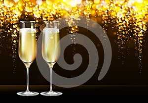 Realistic vector illustration of champagne glasses on blurred holiday golden background