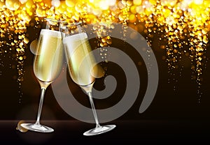 Realistic vector illustration of champagne glasses on blurred holiday golden background