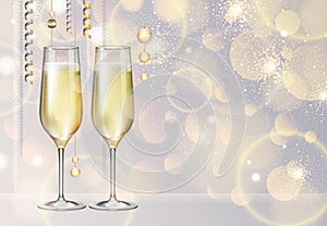 Realistic vector illustration of champagne glasses on blurred holiday silver sparkle background