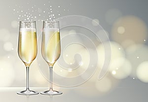 Realistic vector illustration of champagne glasses on blurred holiday silver sparkle background