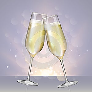 Realistic vector illustration of champagne glasses on blurred hoRealistic vector illustration of champagne glasses on blurred holi