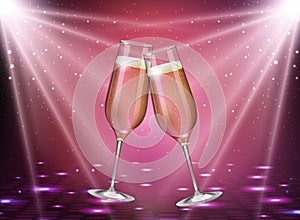 Realistic vector illustration of champagne glasses on holiday disco background