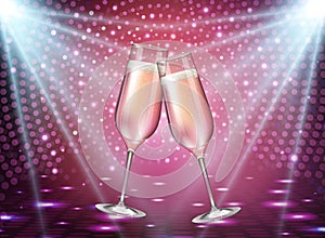 Realistic vector illustration of champagne glasses on holiday disco background