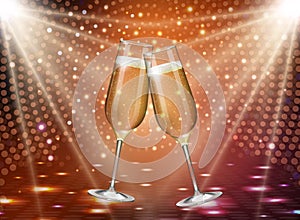 Realistic vector illustration of champagne glasses on holiday disco background